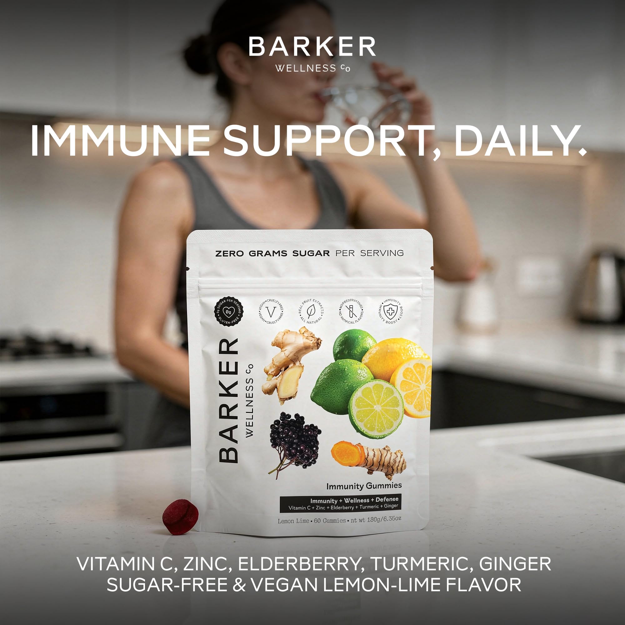 Barker Wellness Immunity Gummies with Vitamin C, Zinc, Elderberry, Turmeric & Ginger for Daily Immune Support | Vegan, Sugar-Free, Lemon-Lime Flavor | Seasonal Wellness Essentials, 60 Count - TrustMedUSA