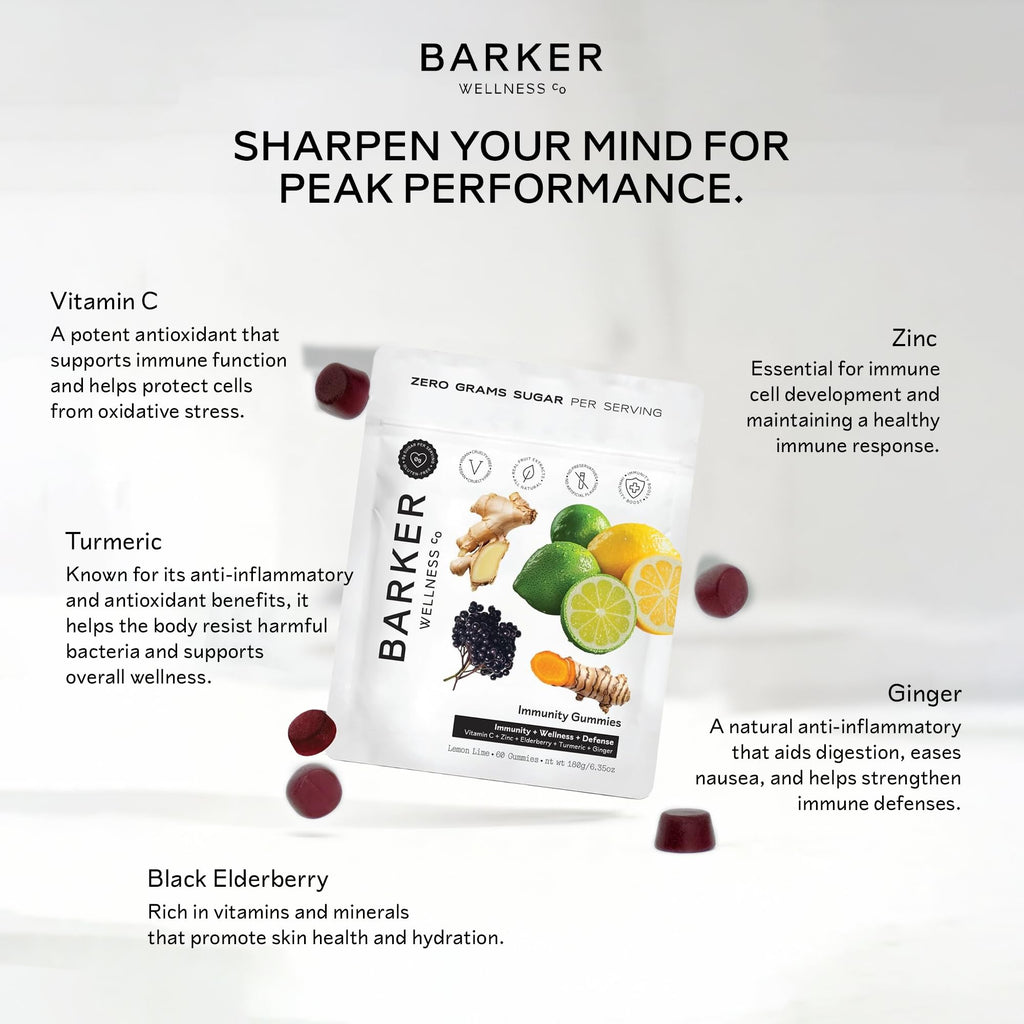 Barker Wellness Immunity Gummies with Vitamin C, Zinc, Elderberry, Turmeric & Ginger for Daily Immune Support | Vegan, Sugar-Free, Lemon-Lime Flavor | Seasonal Wellness Essentials, 60 Count - TrustMedUSA