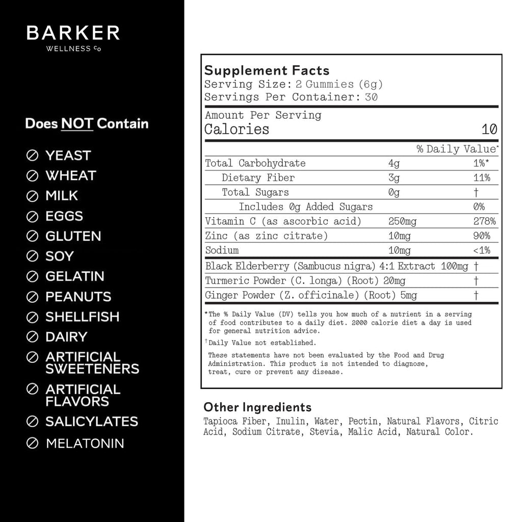 Barker Wellness Immunity Gummies with Vitamin C, Zinc, Elderberry, Turmeric & Ginger for Daily Immune Support | Vegan, Sugar-Free, Lemon-Lime Flavor | Seasonal Wellness Essentials, 60 Count - TrustMedUSA
