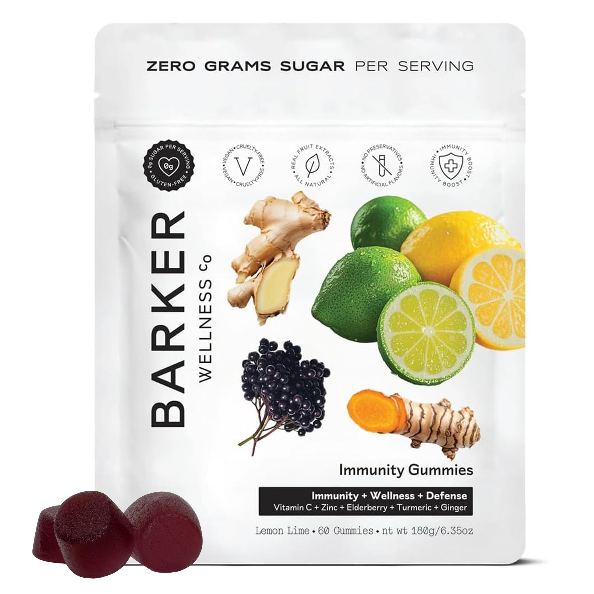 Barker Wellness Immunity Gummies with Vitamin C, Zinc, Elderberry, Turmeric & Ginger for Daily Immune Support | Vegan, Sugar-Free, Lemon-Lime Flavor | Seasonal Wellness Essentials, 60 Count - TrustMedUSA