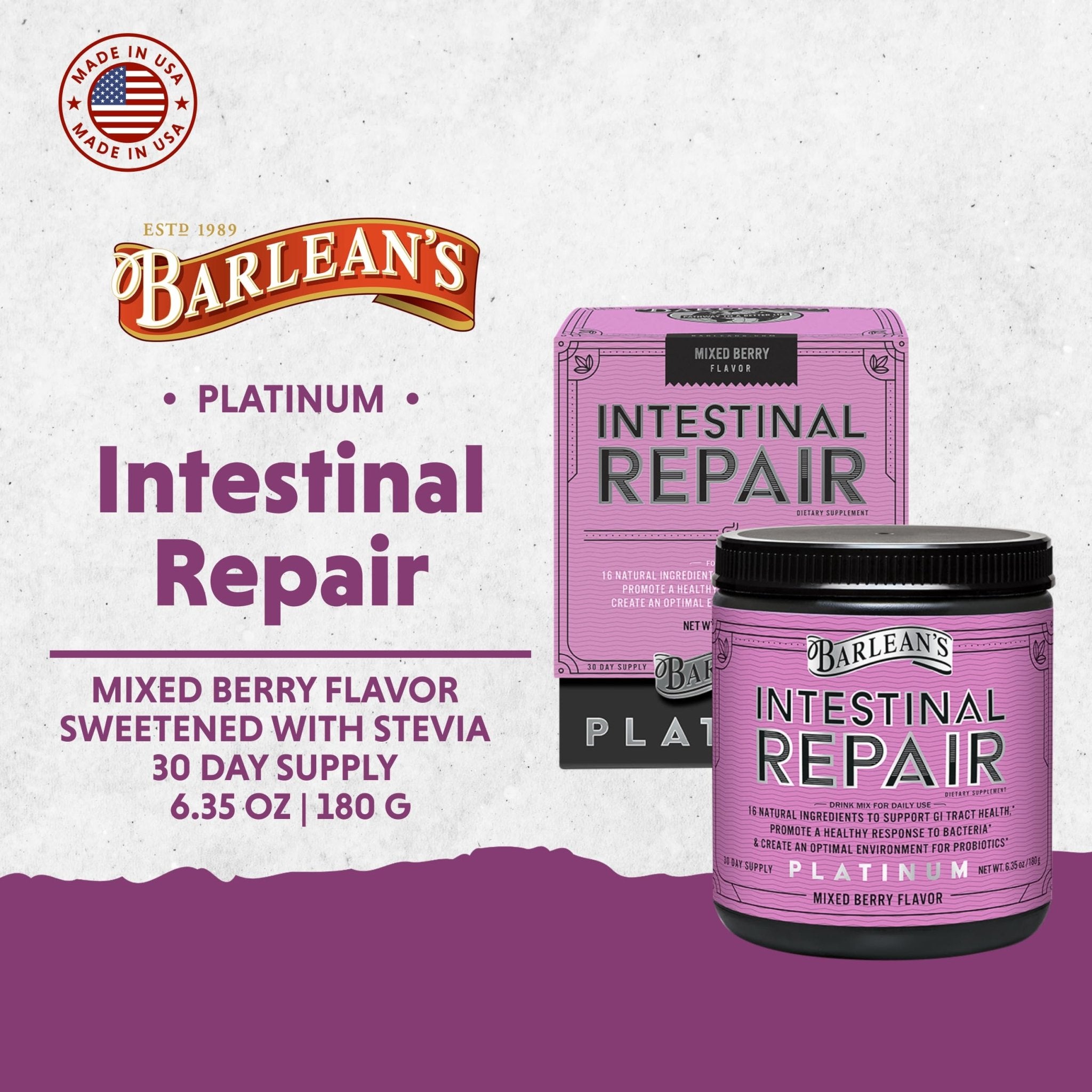 Barlean's Gut Health Powder, Intestinal Repair Fiber and Digestive Support Blend for Men and Women, Mixed Berry Drink Mix, 6.35 oz - TrustMedUSA