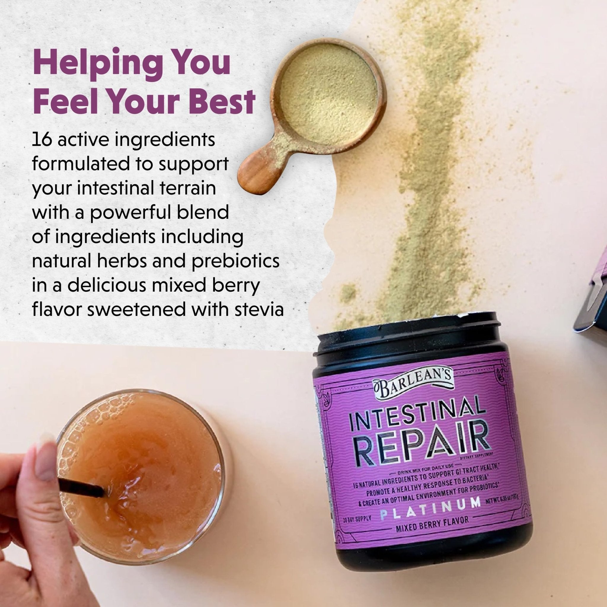 Barlean's Gut Health Powder, Intestinal Repair Fiber and Digestive Support Blend for Men and Women, Mixed Berry Drink Mix, 6.35 oz - TrustMedUSA