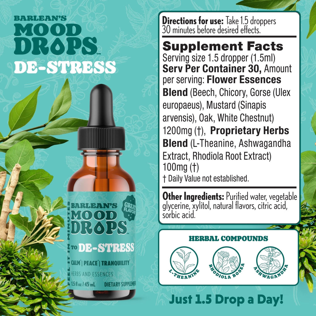 Barlean's Mood Booster Supplement, De-Stress Liquid Drop Supplements for Men and Women, Ashwagandha and L Theanine Extract, Adaptogen Herbs Drops, 1.5 oz - Maple Wellness Supplements