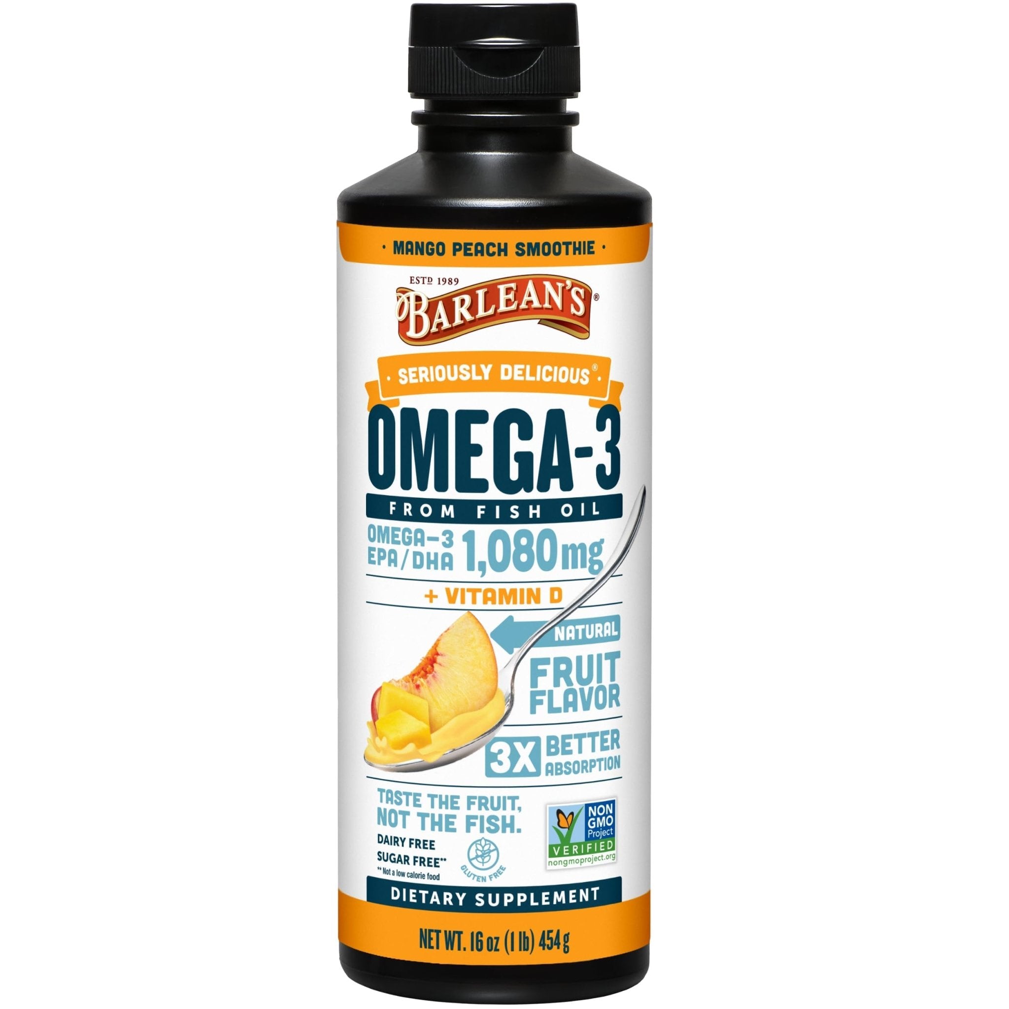 Barlean's Omega 3 Fish Oil Liquid Supplement with Vitamin D for Men and Women, 1080mg of EPA and DHA Fatty Acid, Promotes Brain & Heart Health - Non-GMO, Mango Peach, 16 oz - TrustMedUSA