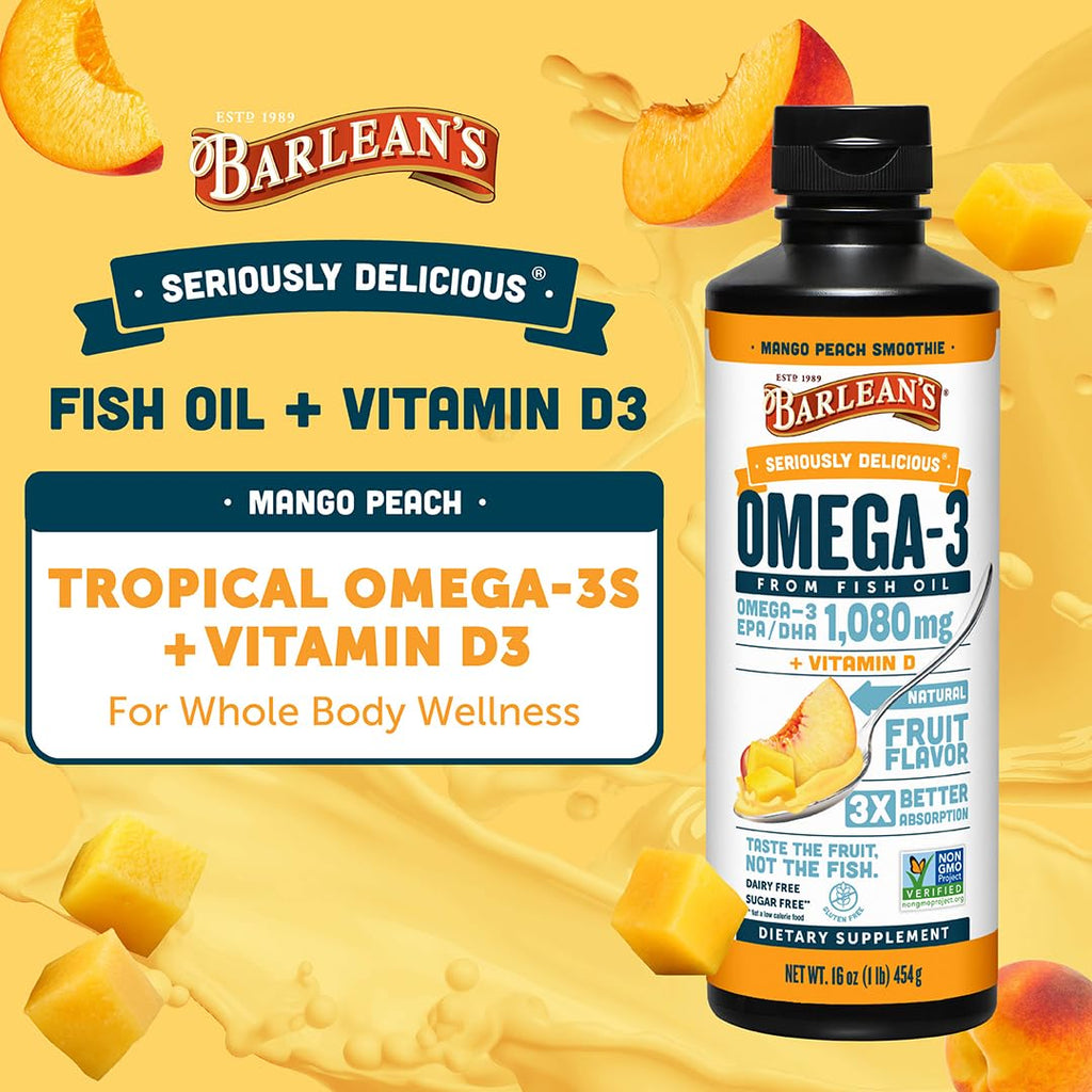 Barlean's Omega 3 Fish Oil Liquid Supplement with Vitamin D for Men and Women, 1080mg of EPA and DHA Fatty Acid, Promotes Brain & Heart Health - Non-GMO, Mango Peach, 16 oz - TrustMedUSA