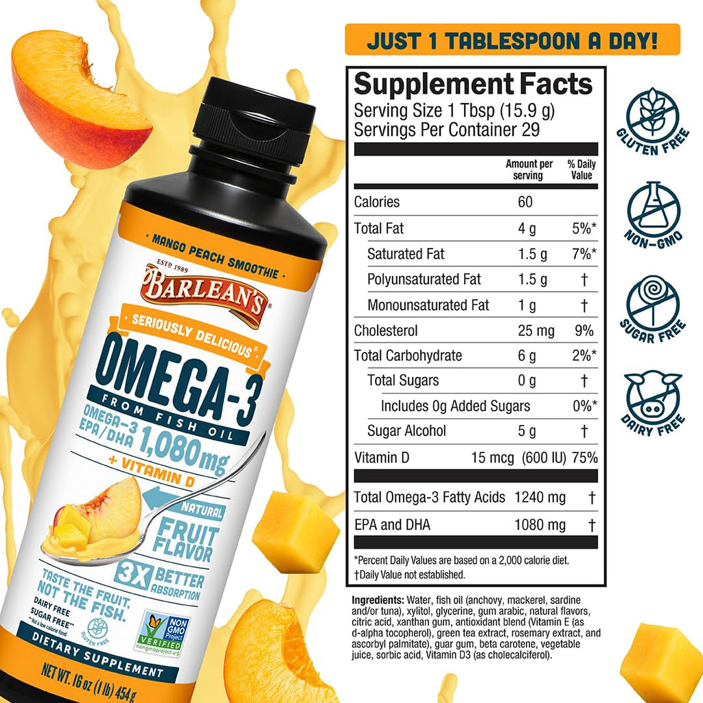 Barlean's Omega 3 Fish Oil Liquid Supplement with Vitamin D for Men and Women, 1080mg of EPA and DHA Fatty Acid, Promotes Brain & Heart Health - Non-GMO, Mango Peach, 16 oz - TrustMedUSA
