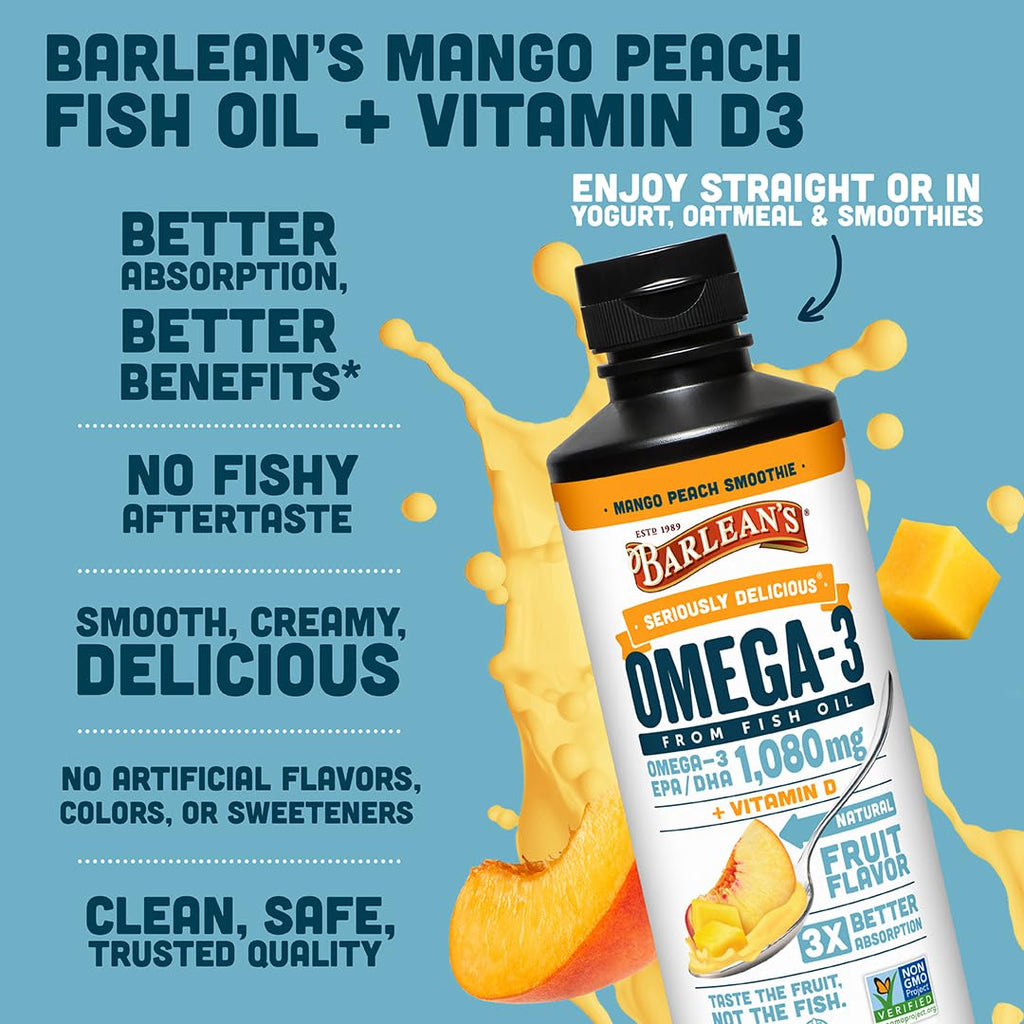 Barlean's Omega 3 Fish Oil Liquid Supplement with Vitamin D for Men and Women, 1080mg of EPA and DHA Fatty Acid, Promotes Brain & Heart Health - Non-GMO, Mango Peach, 16 oz - TrustMedUSA