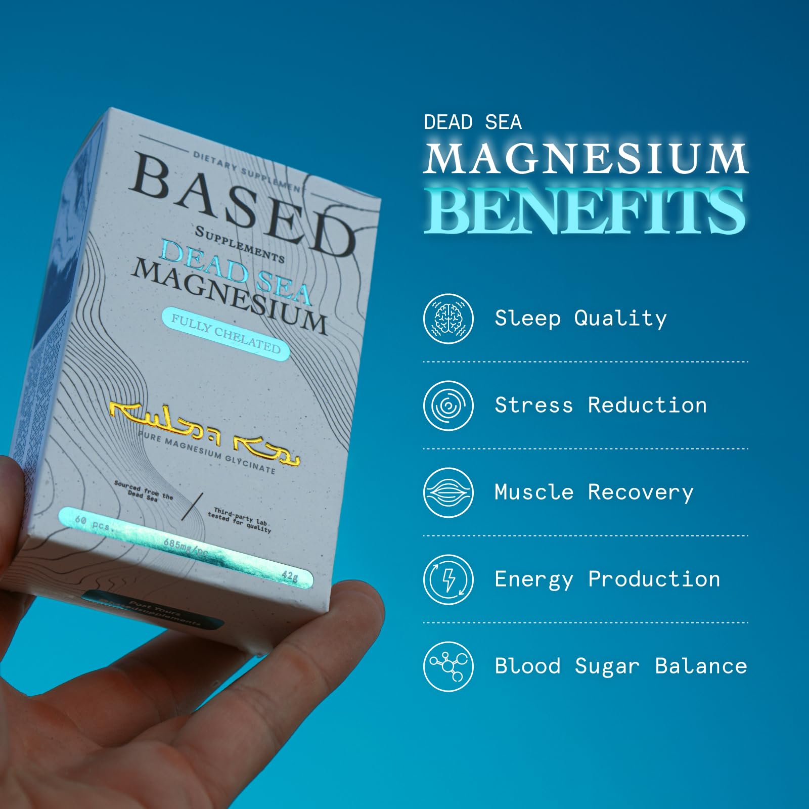 Based Dead Sea Magnesium | Pure Magnesium Glycinate | Support Stress Relief, Sleep, Heart Health, Nerves, Muscles, and Metabolism | 60 Capsules - TrustMedUSA