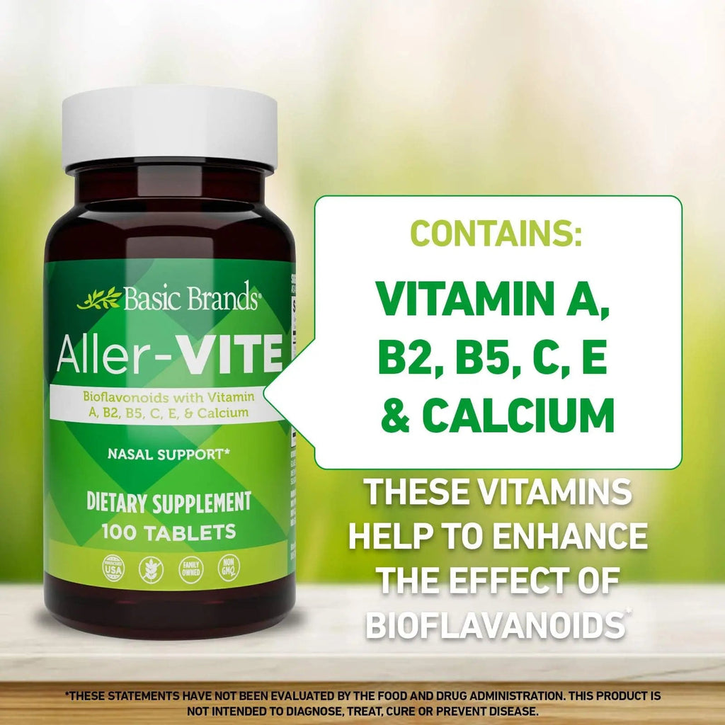 Basic Brands Aller Vite Nasal Support Tablets for Seasonal Allergy Relief, High Bioflavonoid Complex with Vitamins and Calcium, Gluten Free Daily Supplement, 100 Tablets - TrustMedUSA