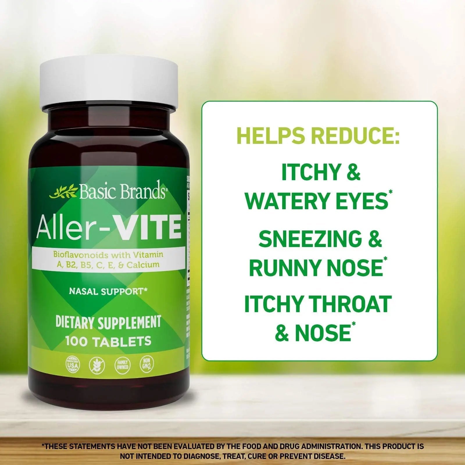 Basic Brands Aller Vite Nasal Support Tablets for Seasonal Allergy Relief, High Bioflavonoid Complex with Vitamins and Calcium, Gluten Free Daily Supplement, 100 Tablets - TrustMedUSA