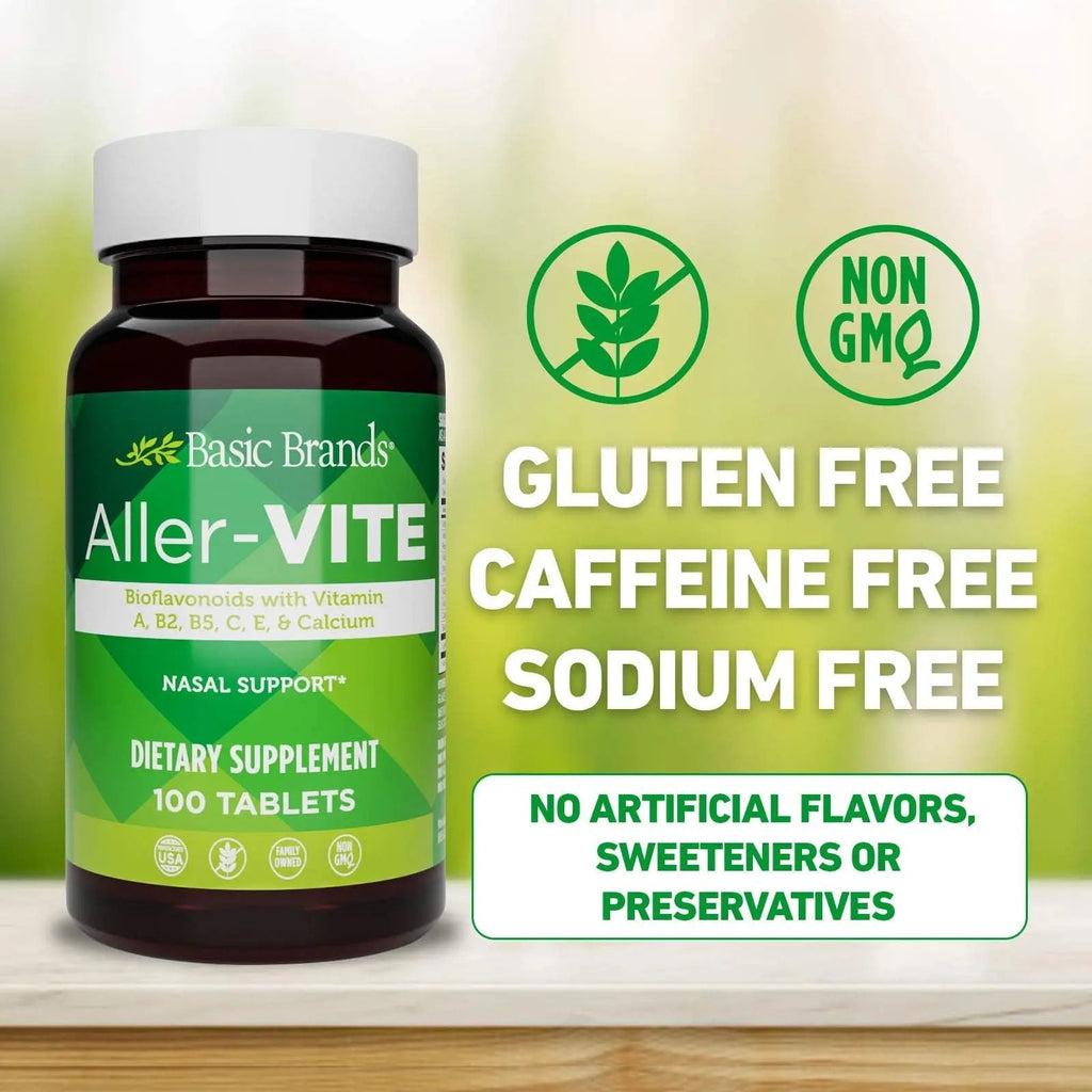 Basic Brands Aller Vite Nasal Support Tablets for Seasonal Allergy Relief, High Bioflavonoid Complex with Vitamins and Calcium, Gluten Free Daily Supplement, 100 Tablets - TrustMedUSA