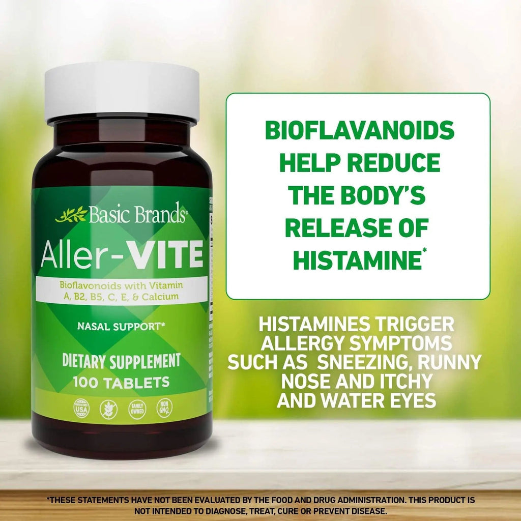 Basic Brands Aller Vite Nasal Support Tablets for Seasonal Allergy Relief, High Bioflavonoid Complex with Vitamins and Calcium, Gluten Free Daily Supplement, 100 Tablets - TrustMedUSA