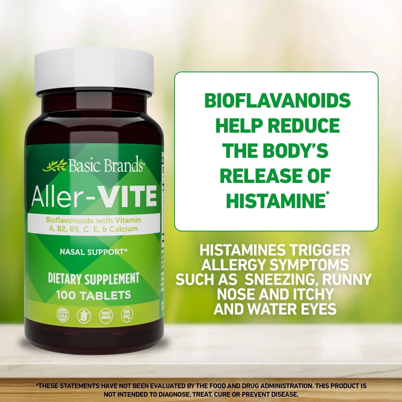 Basic Brands Aller Vite Nasal Support Tablets for Seasonal Allergy Relief, High Bioflavonoid Complex with Vitamins and Calcium, Gluten Free Daily Supplement, 100 Tablets - TrustMedUSA