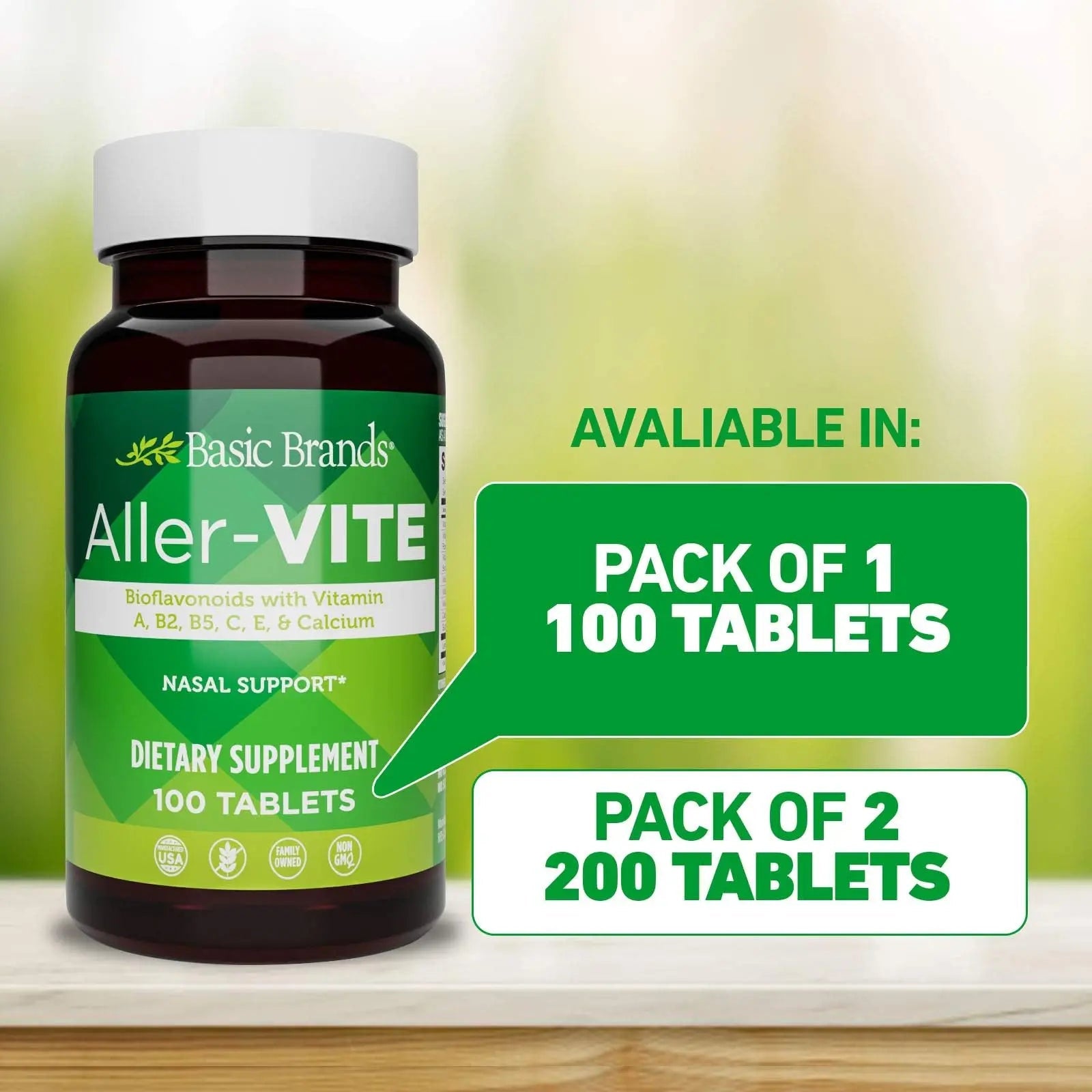 Basic Brands Aller Vite Nasal Support Tablets for Seasonal Allergy Relief, High Bioflavonoid Complex with Vitamins and Calcium, Gluten Free Daily Supplement, 100 Tablets - TrustMedUSA