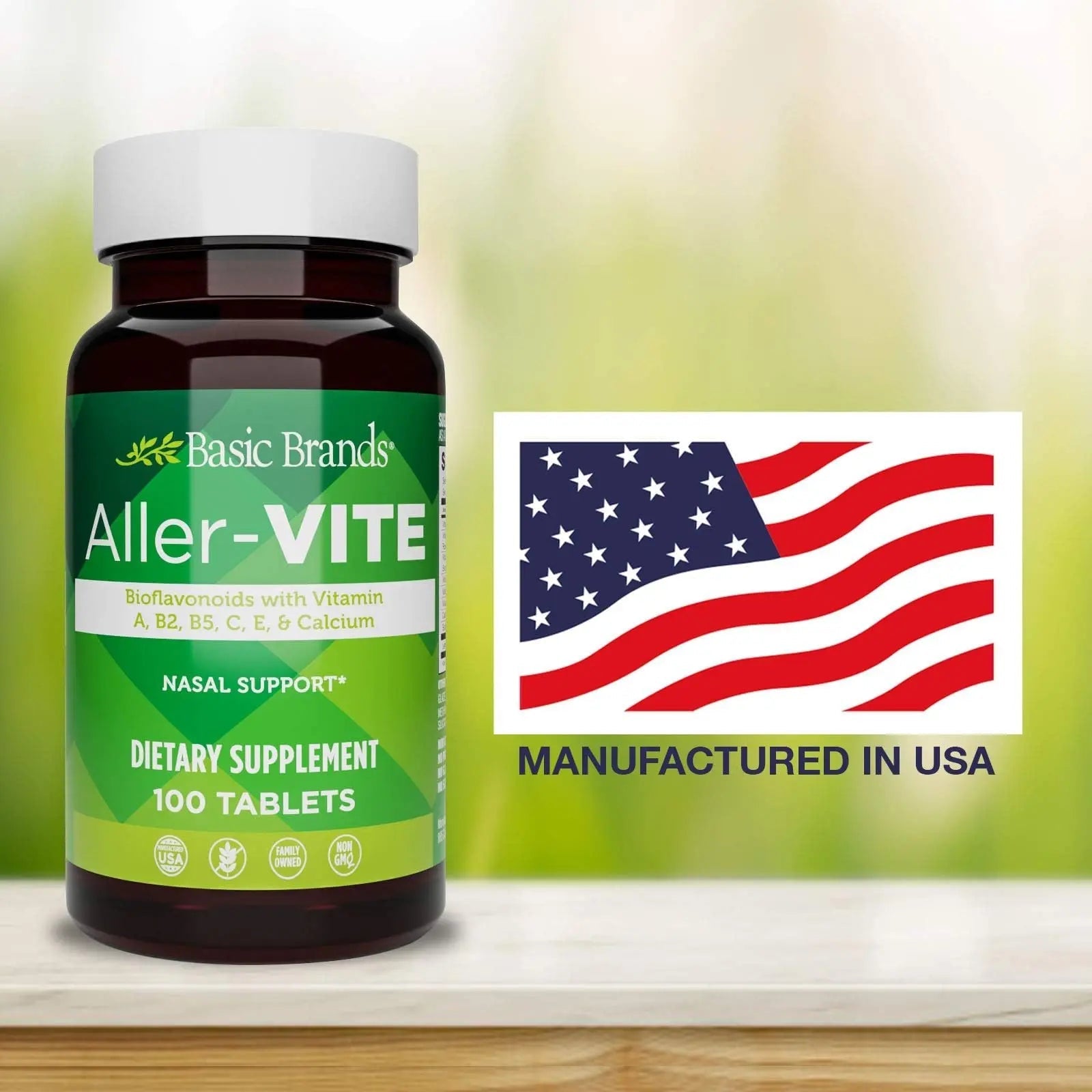 Basic Brands Aller Vite Nasal Support Tablets for Seasonal Allergy Relief, High Bioflavonoid Complex with Vitamins and Calcium, Gluten Free Daily Supplement, 100 Tablets - TrustMedUSA