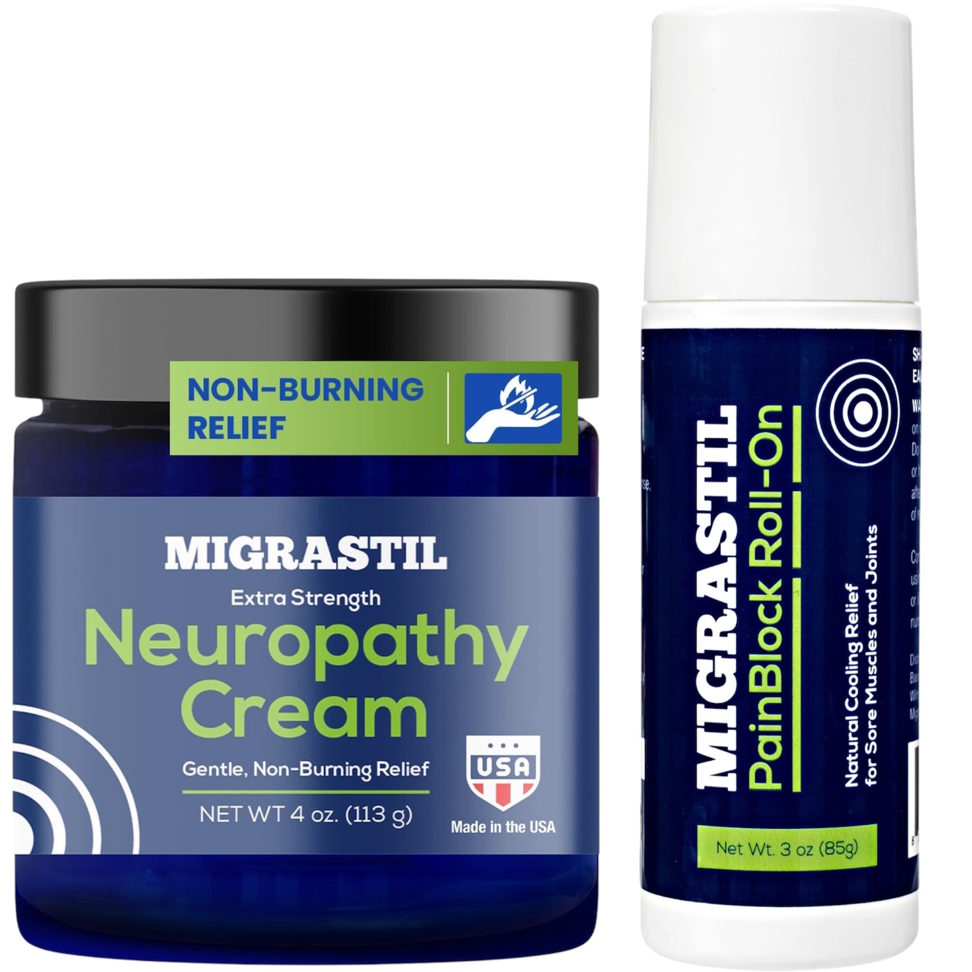 Basic Vigor Migrastil Extra Strength Neuropathy Cream (4 oz) and PainBlock Roll-On (3 oz) Bundle - TrustMedUSA