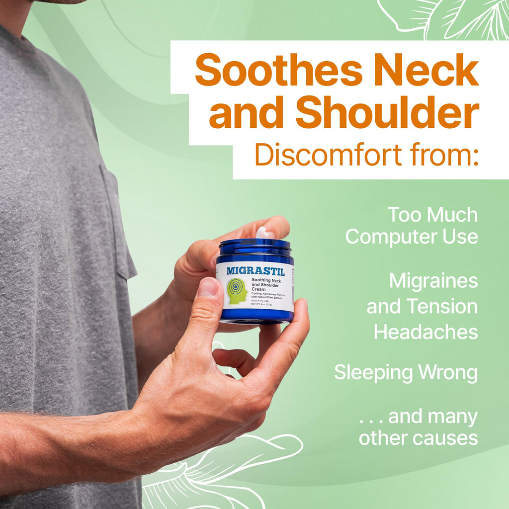 Basic Vigor Migrastil Neck & Shoulder Cream. Cooling Comfort for Migraines, Tech Neck & Tension. (4 oz.) Made in The USA. - TrustMedUSA