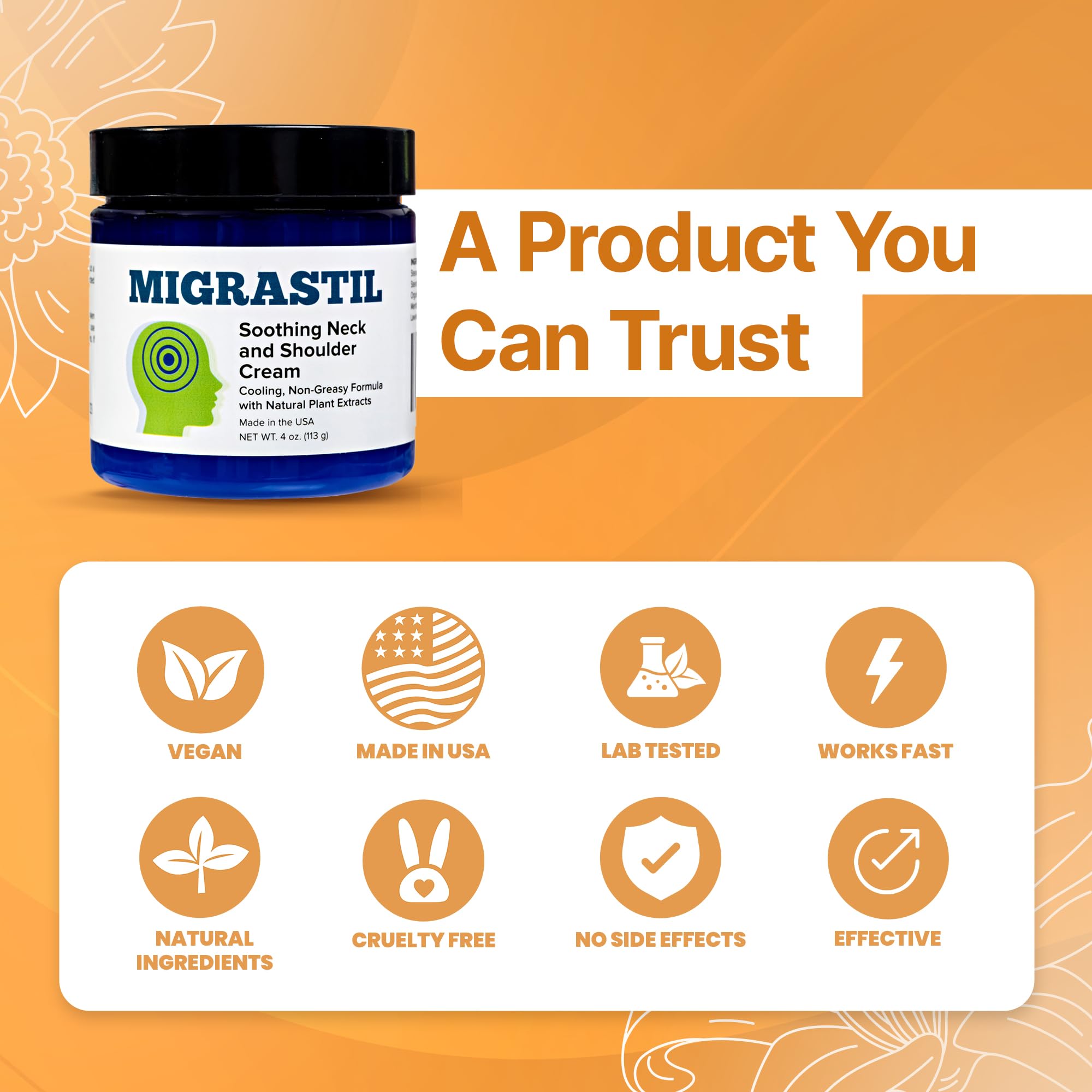 Basic Vigor Migrastil Neck & Shoulder Cream. Cooling Comfort for Migraines, Tech Neck & Tension. (4 oz.) Made in The USA. - TrustMedUSA