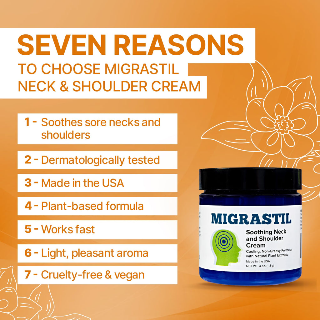 Basic Vigor Migrastil Neck & Shoulder Cream. Cooling Comfort for Migraines, Tech Neck & Tension. (4 oz.) Made in The USA. - TrustMedUSA