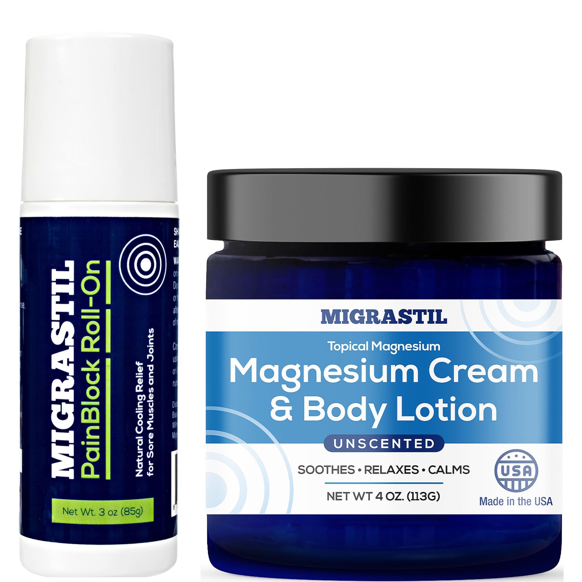 Basic Vigor Migrastil PainBlock Roll-On & Unscented Topical Magnesium Cream Bundle. Made in The USA. - TrustMedUSA