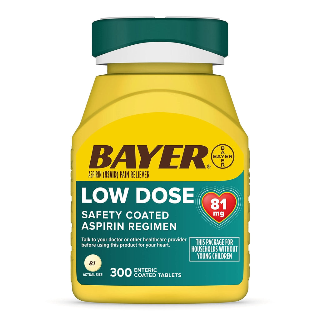 Bayer Aspirin Low Dose 81 mg, Enteric Coated Tablets, Doctor Recommended, Secondary Prevention of Cardiovascular Disease, 300 Safety Coated Tablets (Packaging may vary) - Maple Wellness Supplements