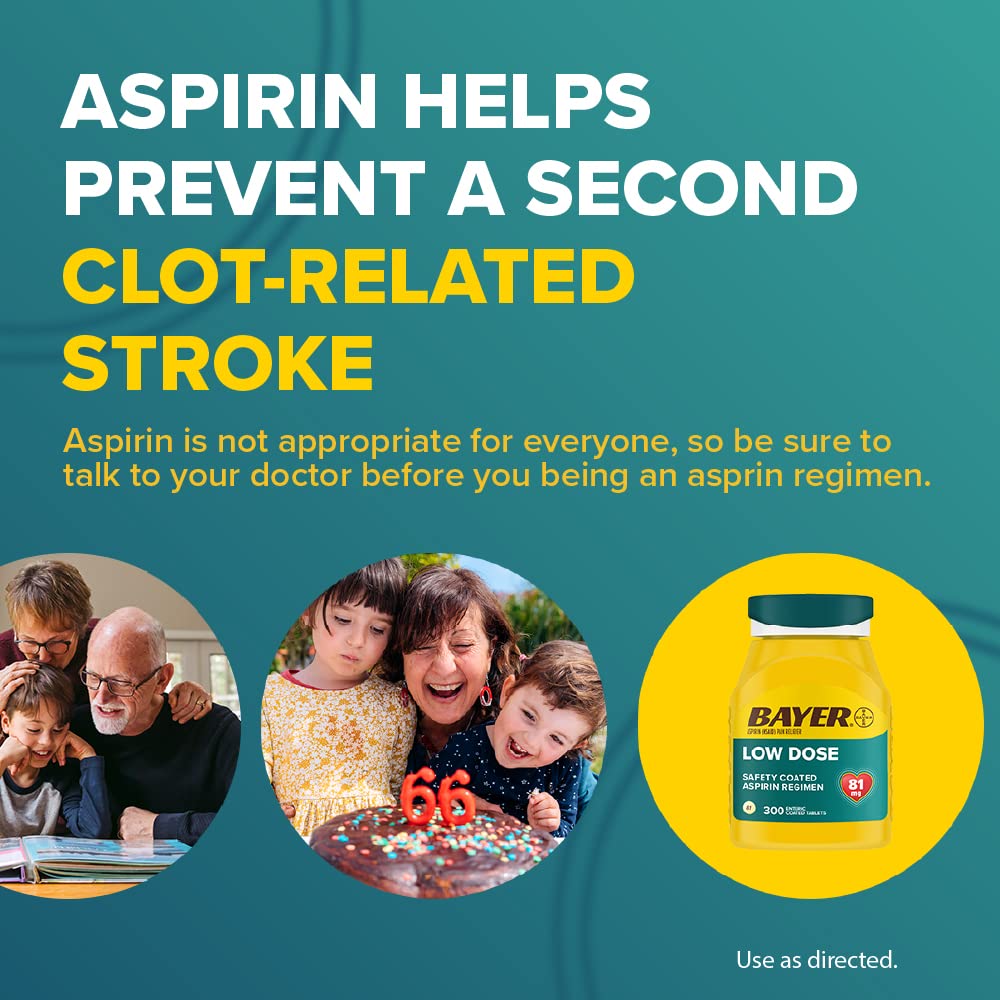 Bayer Aspirin Low Dose 81 mg, Enteric Coated Tablets, Doctor Recommended, Secondary Prevention of Cardiovascular Disease, 300 Safety Coated Tablets (Packaging may vary) - Maple Wellness Supplements