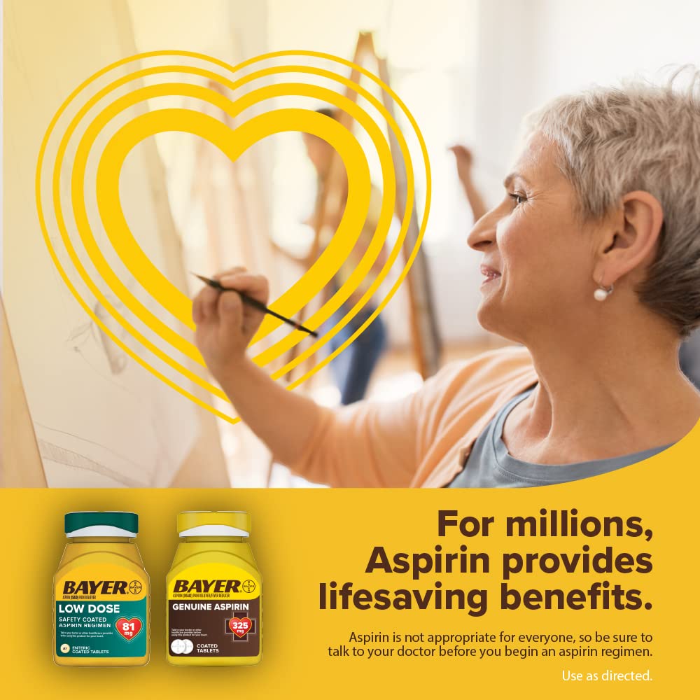 Bayer Aspirin Low Dose 81 mg, Enteric Coated Tablets, Doctor Recommended, Secondary Prevention of Cardiovascular Disease, 300 Safety Coated Tablets (Packaging may vary) - Maple Wellness Supplements