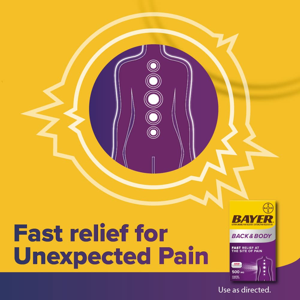 Bayer Back & Body 500mg Aspirin Plus Caffeine for Powerful Pain Relief, 200 Coated Caplets - Maple Wellness Supplements