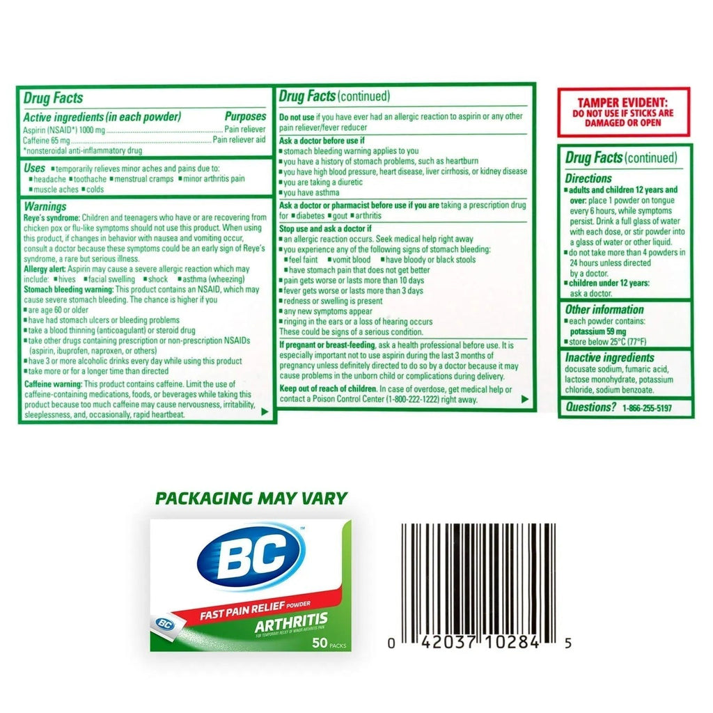 BC Powder Arthritis Pain Reliever, Aspirin Dissolve Packs, 50 Count Powder Packets - TrustMedUSA