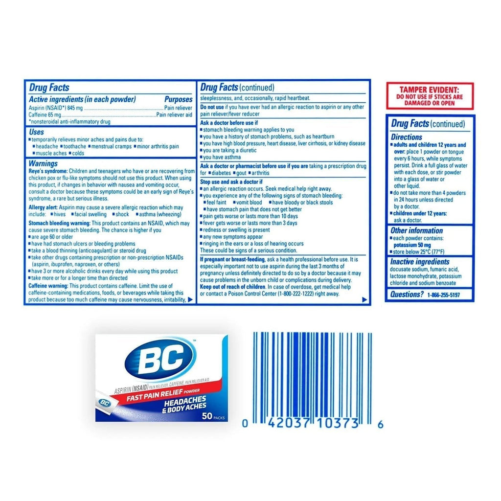BC Powder Original Strength Pain Reliever, 50 Powder Sticks, 50 Count(Pack of 6) - TrustMedUSA