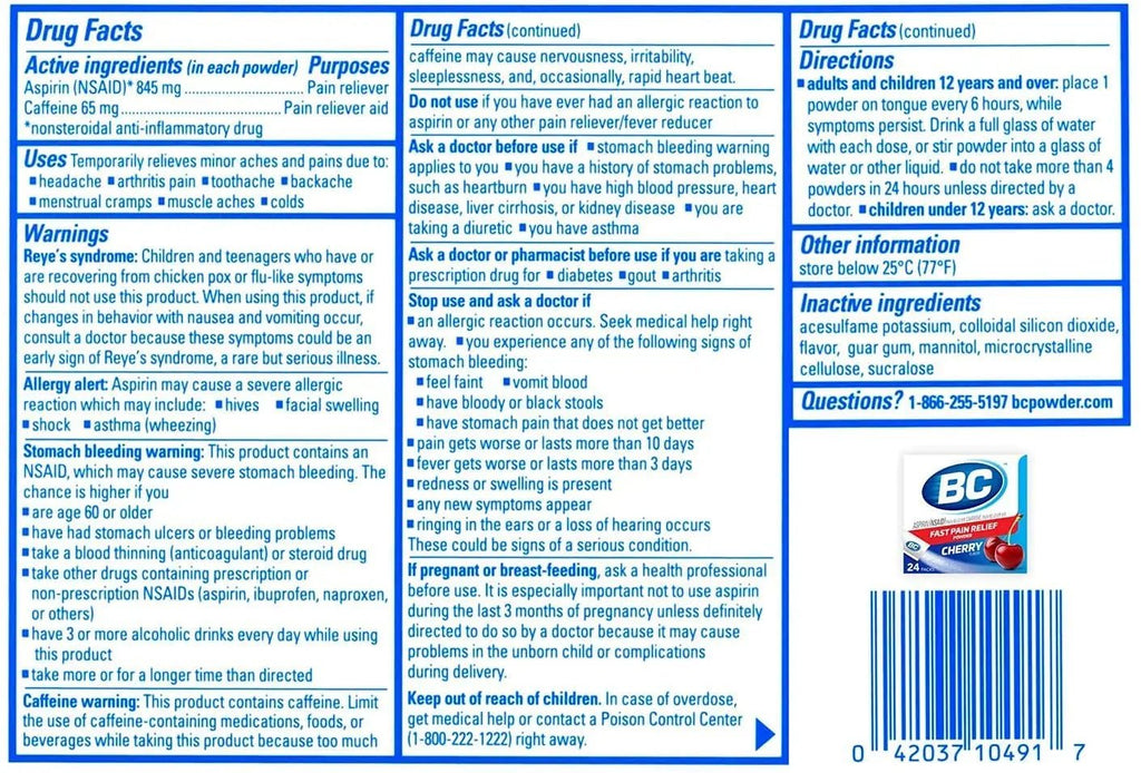 BC Powder Pain Reliever, Cherry Flavor Aspirin Dissolve Packs, 24 Count Powder Packets (6 Pack) - TrustMedUSA