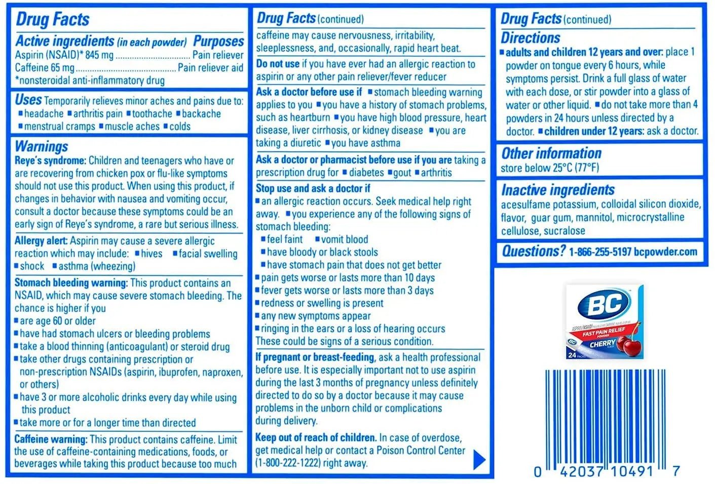 BC Powder Pain Reliever, Cherry Flavor Aspirin Dissolve Packs, 24 Count Powder Packets (6 Pack) - TrustMedUSA