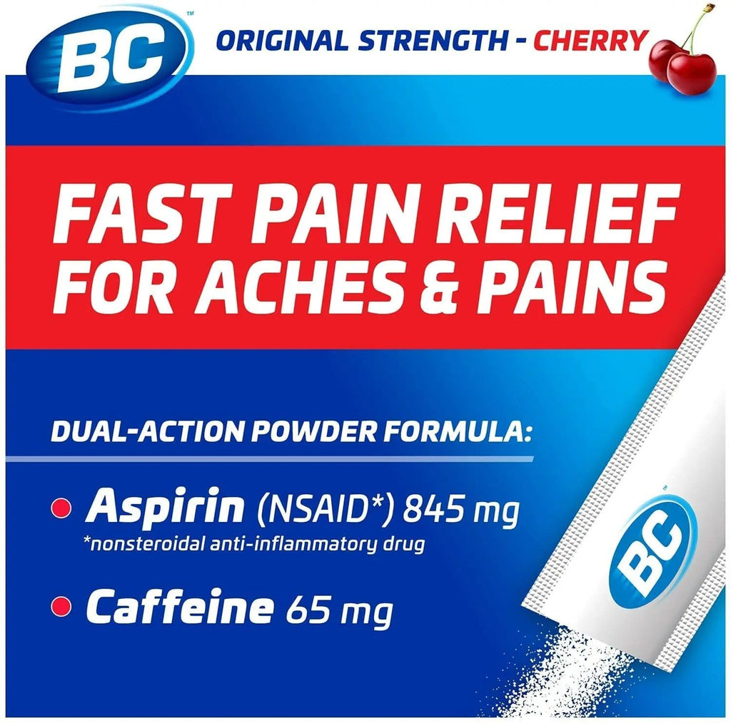 BC Powder Pain Reliever, Cherry Flavor Aspirin Dissolve Packs, 24 Count Powder Packets (6 Pack) - TrustMedUSA