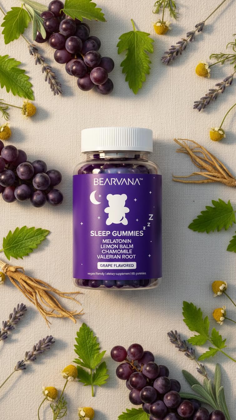 BEARVANA Sleep Gummies with Melatonin | Grape Flavored Vegan Sleep Supplement with Lemon Balm, Chamomile & Valerian Root | Night time Relaxation & Rest Support | 60 Gummies - TrustMedUSA