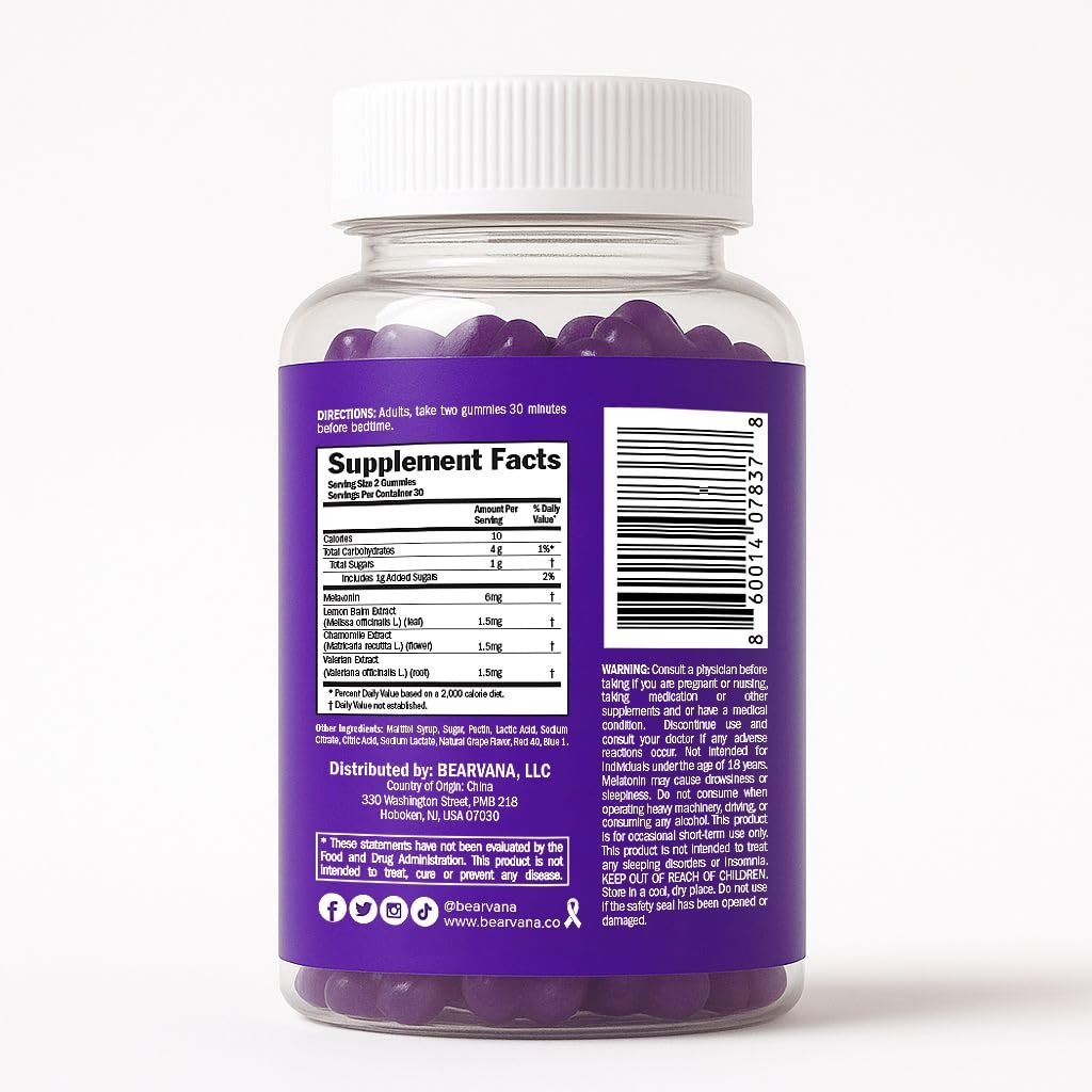 BEARVANA Sleep Gummies with Melatonin | Grape Flavored Vegan Sleep Supplement with Lemon Balm, Chamomile & Valerian Root | Night time Relaxation & Rest Support | 60 Gummies - TrustMedUSA