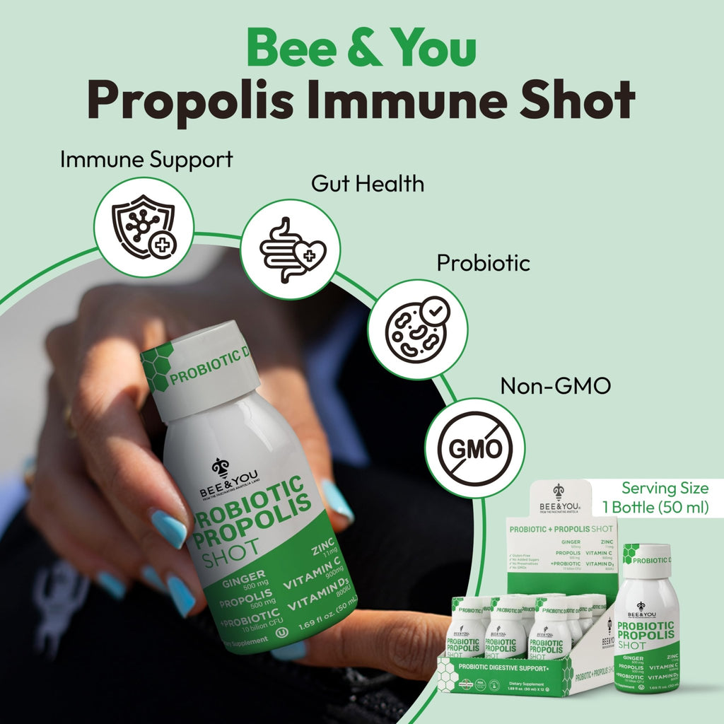 Bee and You Propolis Immune Shot, Probiotic, Vitamin C, Vitamin D3, Zinc, Ginger, Immune Support, Gut Health, Digestive Health, Bioactive 1.69 Fl. oz, 12 Pack - TrustMedUSA