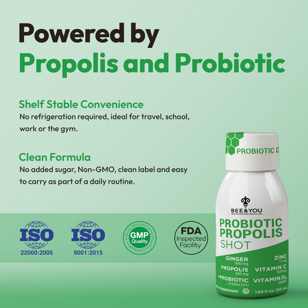 Bee and You Propolis Immune Shot, Probiotic, Vitamin C, Vitamin D3, Zinc, Ginger, Immune Support, Gut Health, Digestive Health, Bioactive 1.69 Fl. oz, 12 Pack - TrustMedUSA