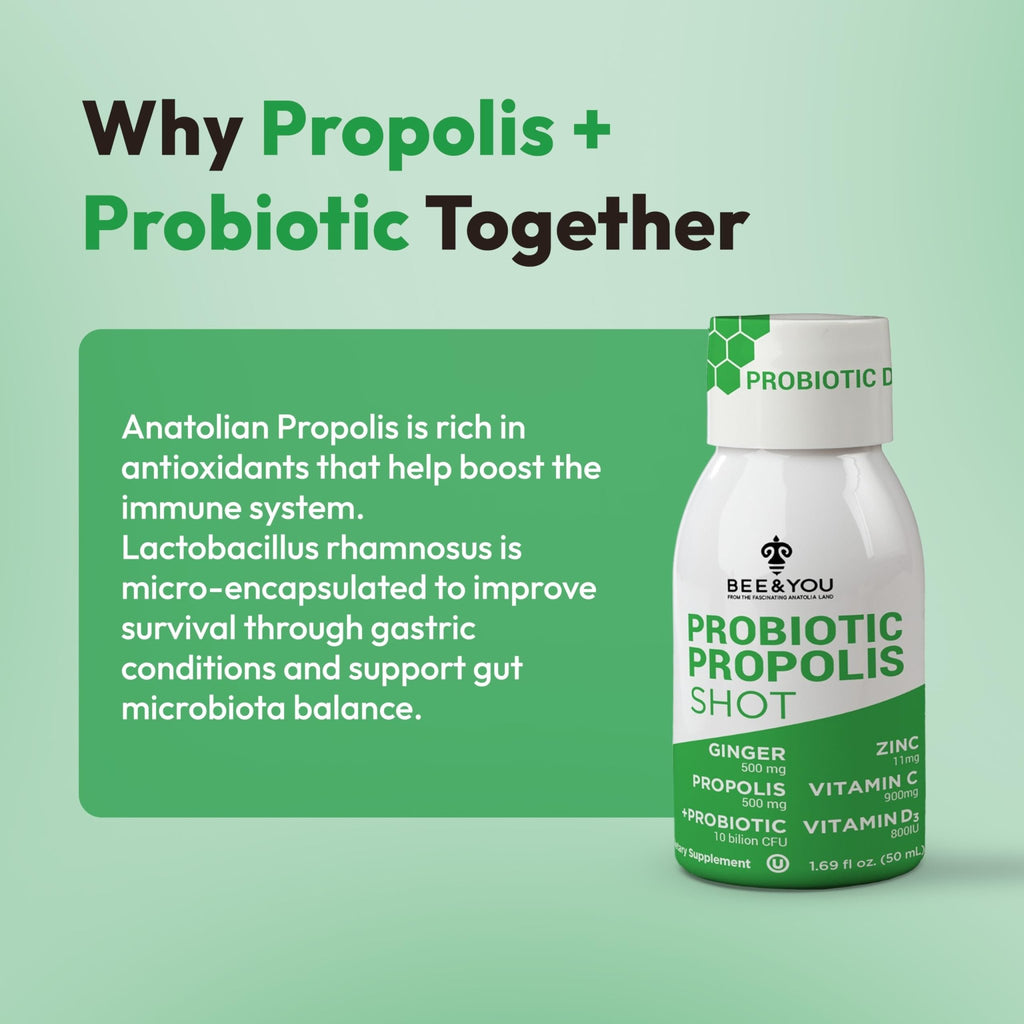 Bee and You Propolis Immune Shot, Probiotic, Vitamin C, Vitamin D3, Zinc, Ginger, Immune Support, Gut Health, Digestive Health, Bioactive 1.69 Fl. oz, 12 Pack - TrustMedUSA