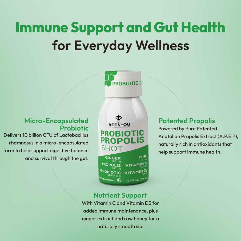 Bee and You Propolis Immune Shot, Probiotic, Vitamin C, Vitamin D3, Zinc, Ginger, Immune Support, Gut Health, Digestive Health, Bioactive 1.69 Fl. oz, 12 Pack - TrustMedUSA
