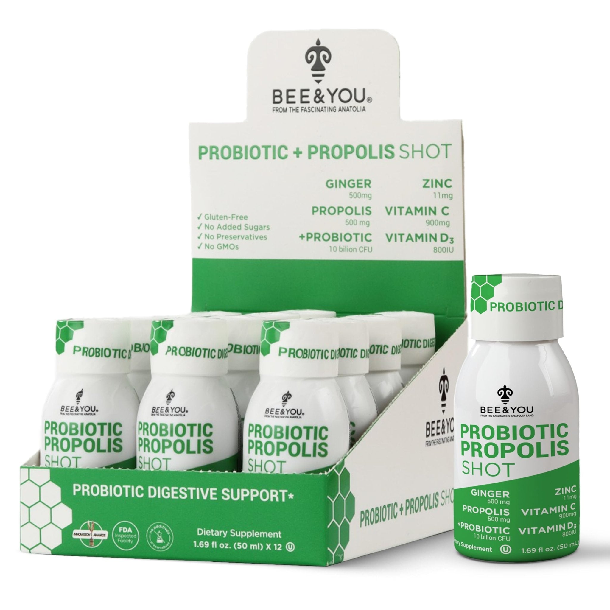 Bee and You Propolis Immune Shot, Probiotic, Vitamin C, Vitamin D3, Zinc, Ginger, Immune Support, Gut Health, Digestive Health, Bioactive 1.69 Fl. oz, 12 Pack - TrustMedUSA