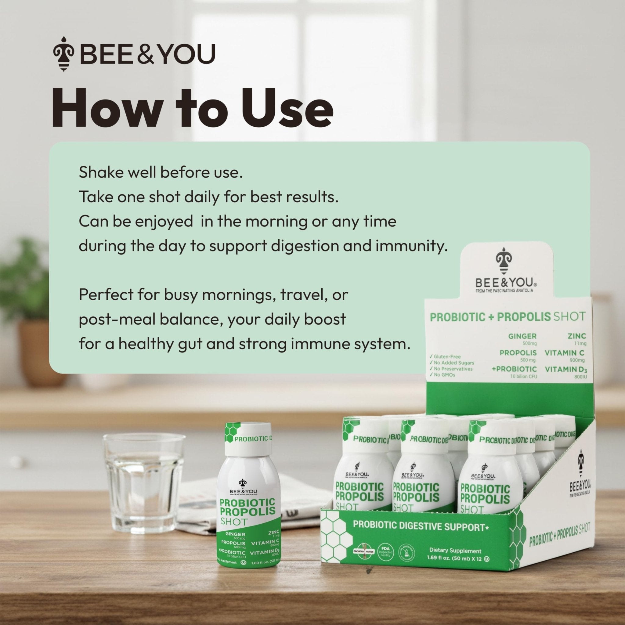 Bee and You Propolis Immune Shot, Probiotic, Vitamin C, Vitamin D3, Zinc, Ginger, Immune Support, Gut Health, Digestive Health, Bioactive 1.69 Fl. oz, 12 Pack - TrustMedUSA
