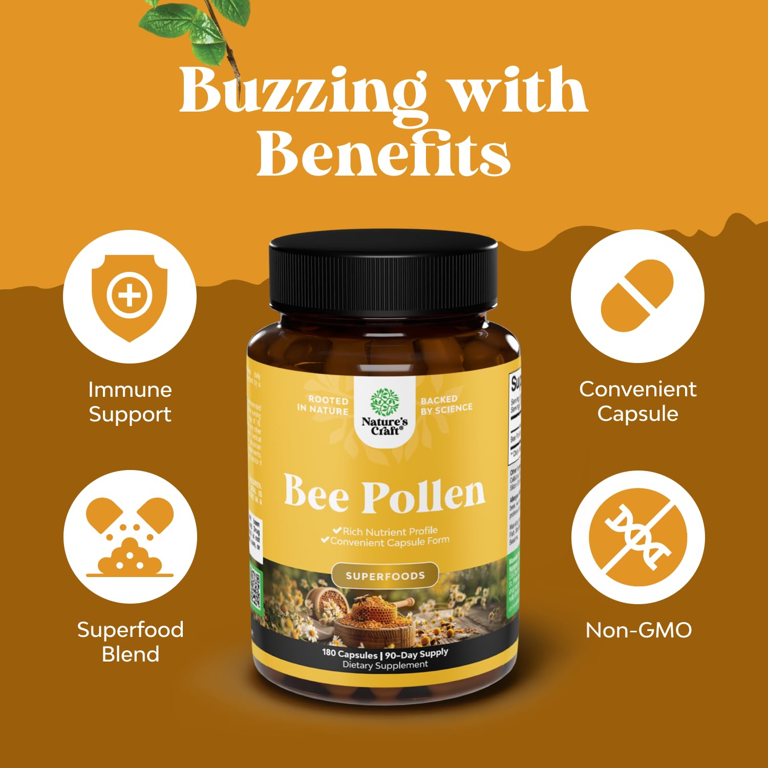 Bee Pollen Pills for Breast Growth 180 Ct - Bee Pollen Supplement 1000mg Serving with Naturally Occurring B Vitamins Minerals & Enzymes - Breast Support Supplement - Vegetarian Non-GMO & Gluten Free - TrustMedUSA