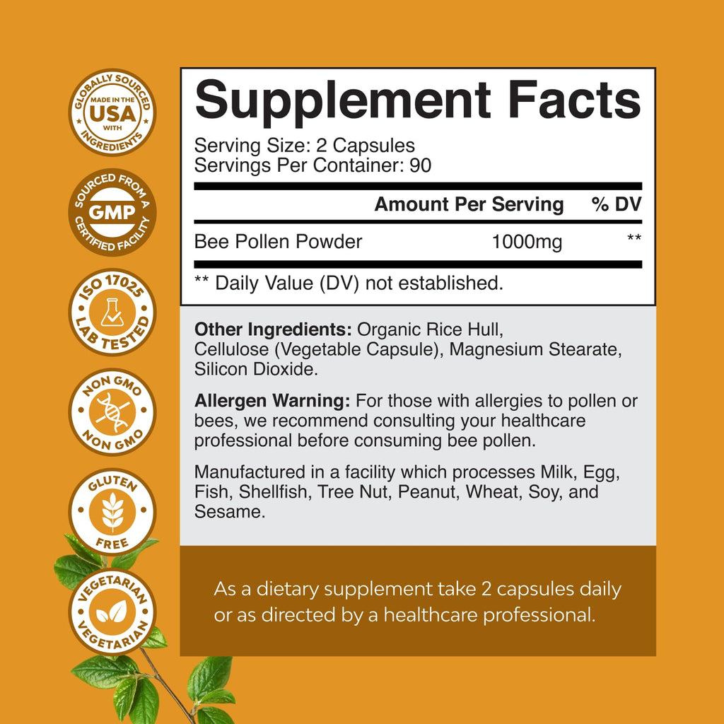 Bee Pollen Pills for Breast Growth 180 Ct - Bee Pollen Supplement 1000mg Serving with Naturally Occurring B Vitamins Minerals & Enzymes - Breast Support Supplement - Vegetarian Non-GMO & Gluten Free - TrustMedUSA