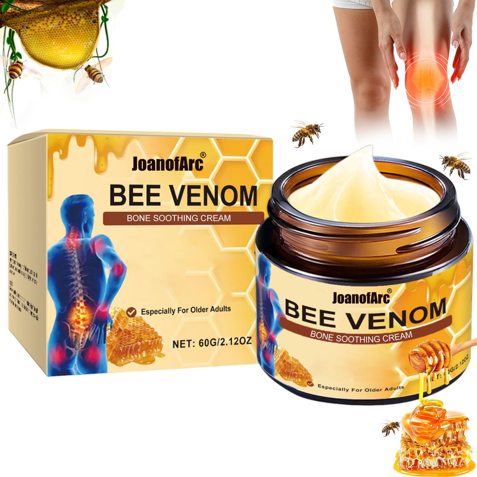 Bee Venom Joint Cream, Natural Bee Venom Skin Cream, Bee Venom Advanced Joint & Bone Cream, Suitable for Everyday Back, Waist, Neck, Hands, Knees, Light Non-Sticky for Men Women Aldult - 2.11 Oz/60g - TrustMedUSA