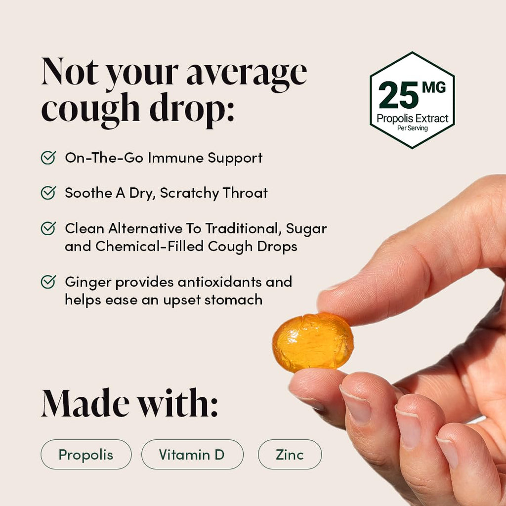 Beekeeper's Naturals Soothing Honey Ginger Lemon Cough Drops - Immune Support with Vitamin D, Zinc and Propolis Throat Soothing Lozenges, 24 Ct - Maple Wellness Supplements