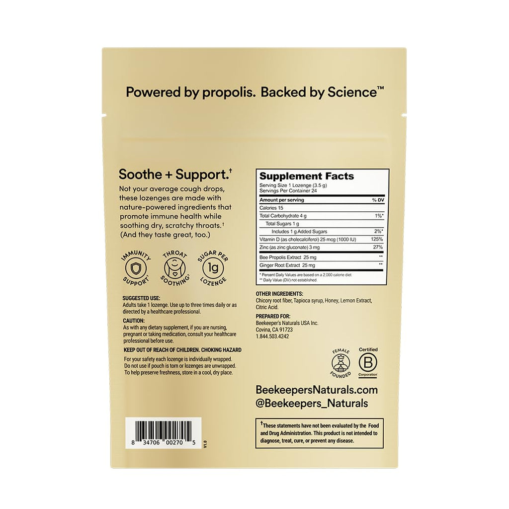 Beekeeper's Naturals Soothing Honey Ginger Lemon Cough Drops - Immune Support with Vitamin D, Zinc and Propolis Throat Soothing Lozenges, 24 Ct - Maple Wellness Supplements