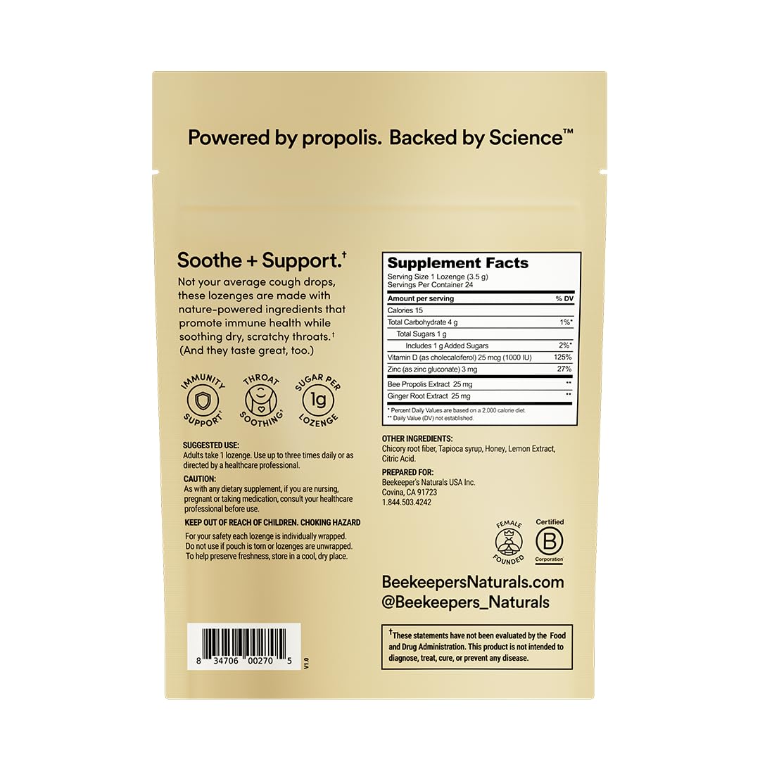 Beekeeper's Naturals Soothing Honey Ginger Lemon Cough Drops - Immune Support with Vitamin D, Zinc and Propolis Throat Soothing Lozenges, 24 Ct - Maple Wellness Supplements