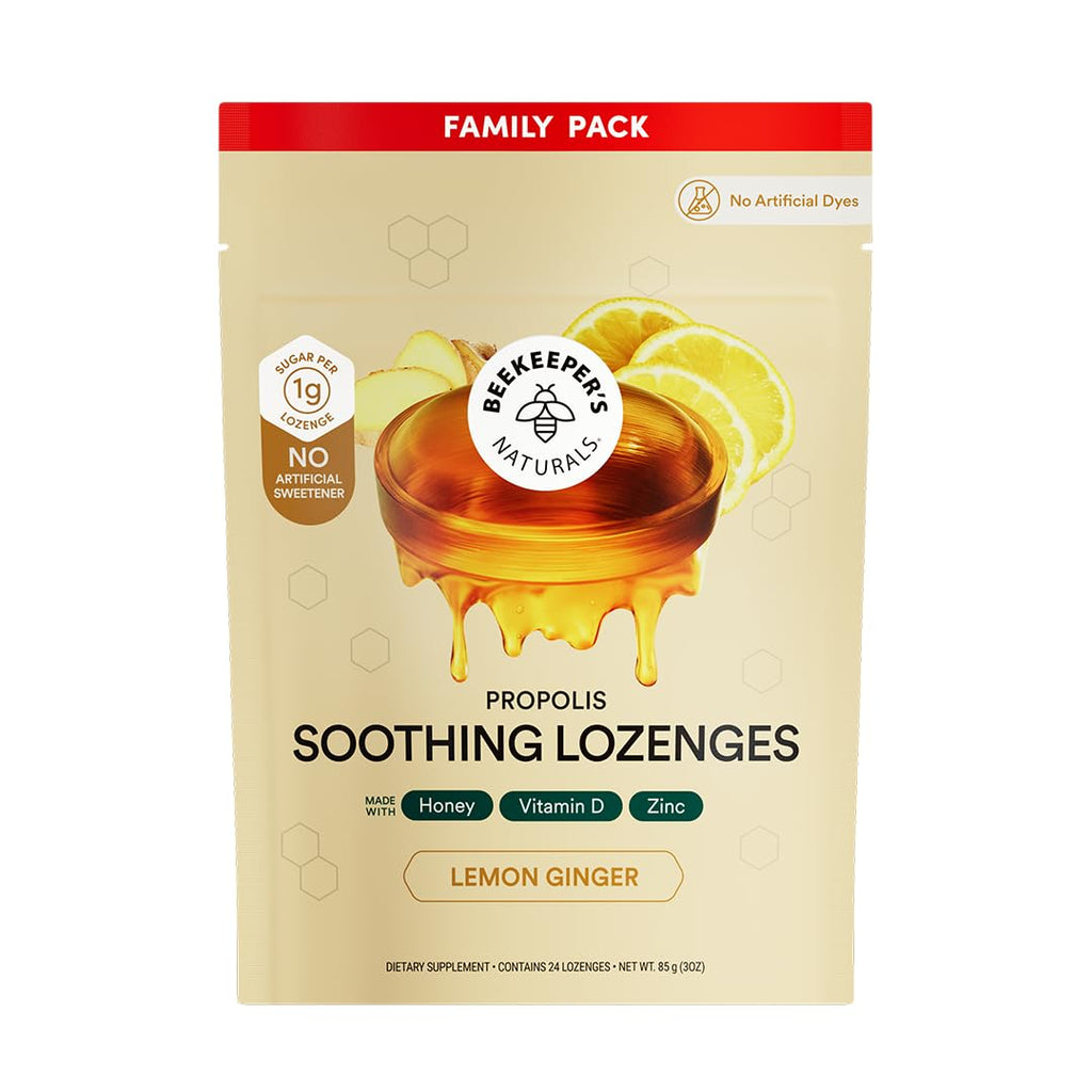 Beekeeper's Naturals Soothing Honey Ginger Lemon Cough Drops - Immune Support with Vitamin D, Zinc and Propolis Throat Soothing Lozenges, 24 Ct - Maple Wellness Supplements