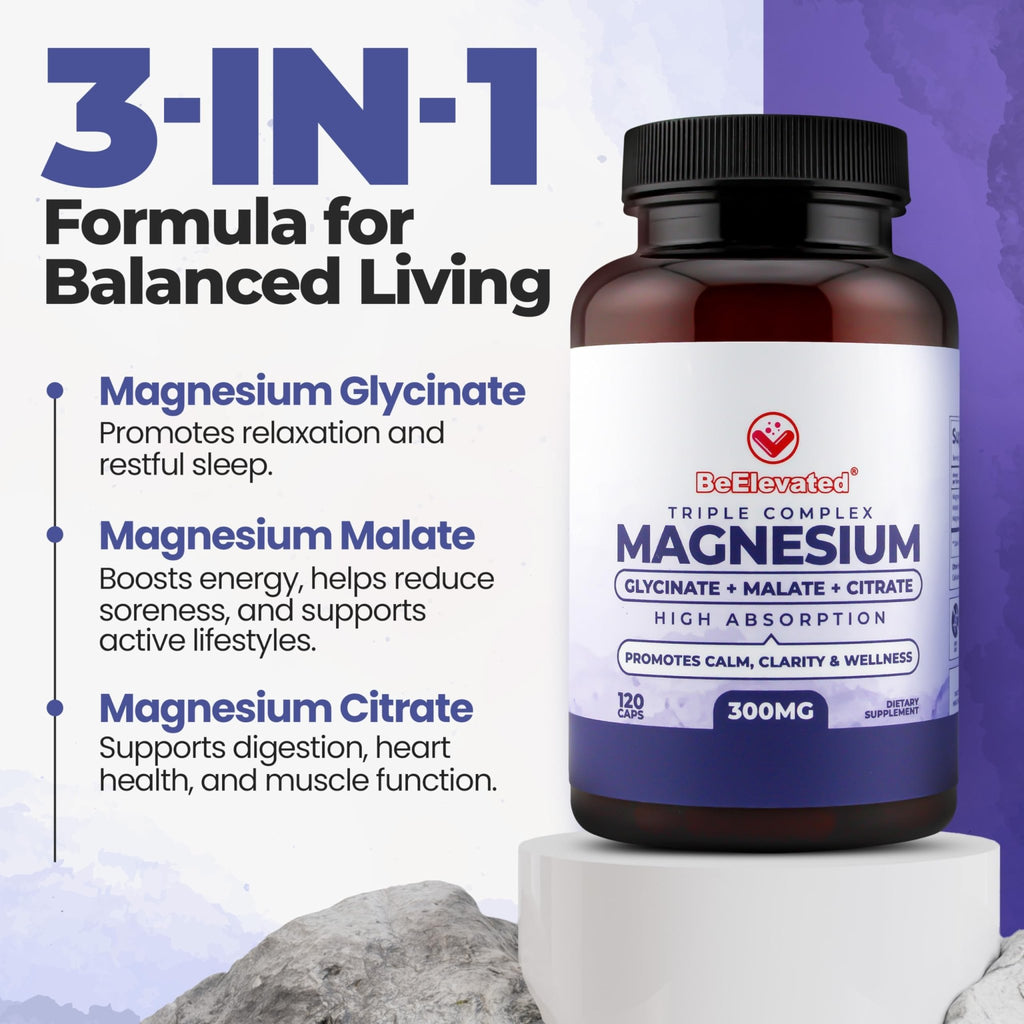 BeElevated High Absorption Triple Magnesium Complex for Sleep, Relaxation & Muscle Support – 300mg of Magnesium Glycinate, Citrate & Malate - TrustMedUSA