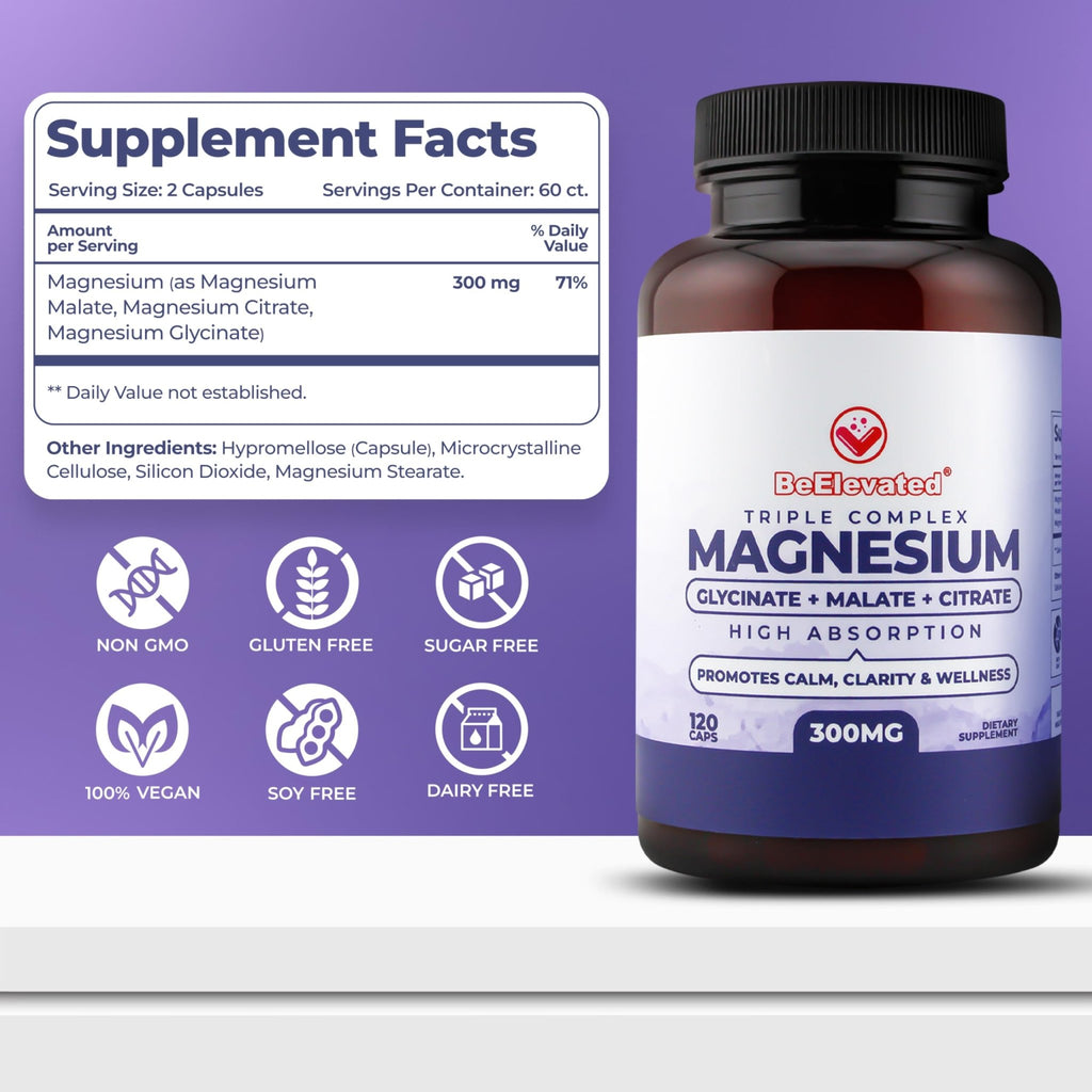BeElevated High Absorption Triple Magnesium Complex for Sleep, Relaxation & Muscle Support – 300mg of Magnesium Glycinate, Citrate & Malate - TrustMedUSA